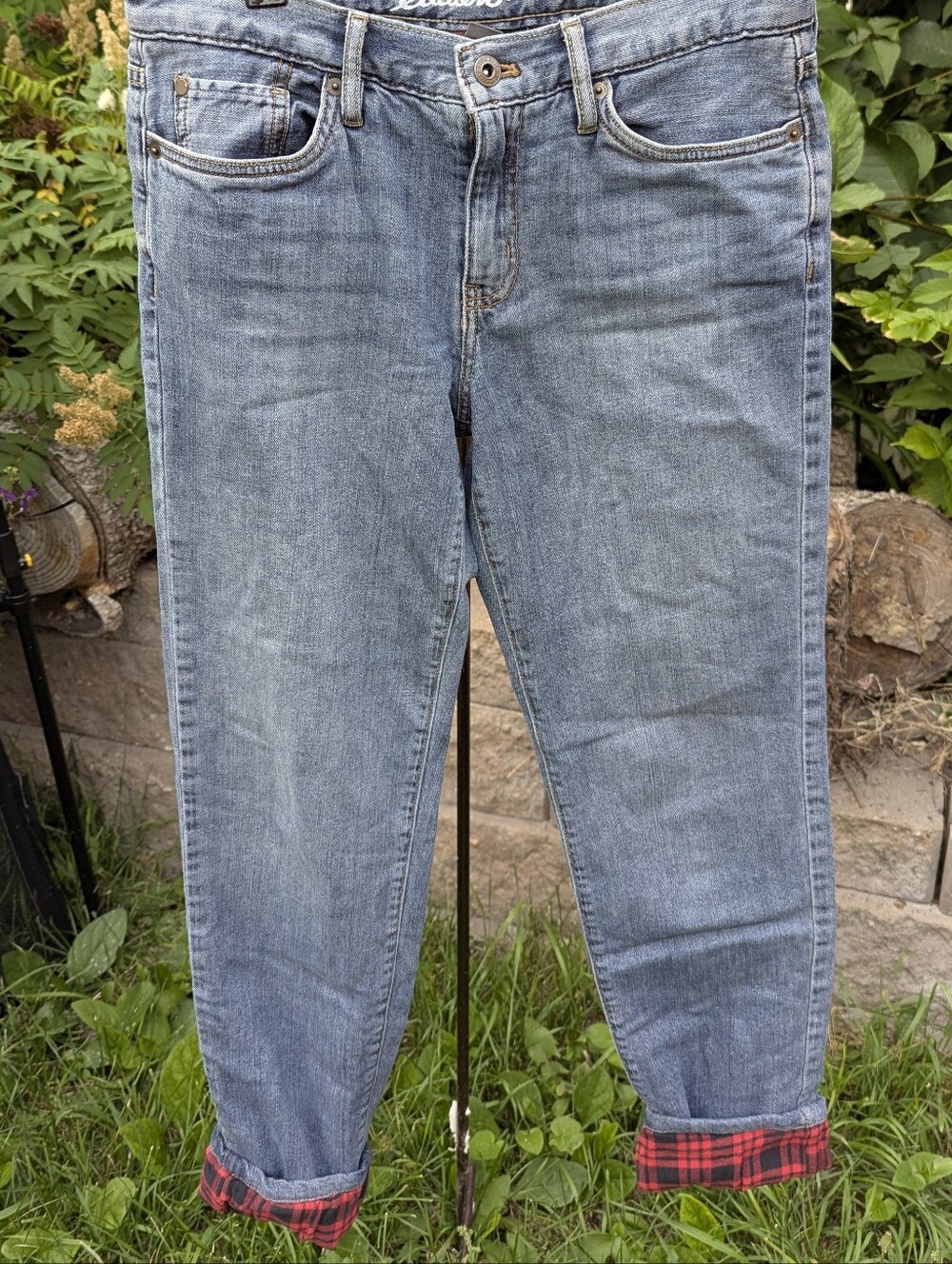 Eddie Bauer Flannel Lined Boyfriend Jeans Plaid Cuff Warm Cozy Cabin Core